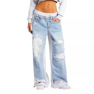 🎁 DESTROYED COMBO DENIM FRENCH TERRY JEANS *NEW MEDIUM